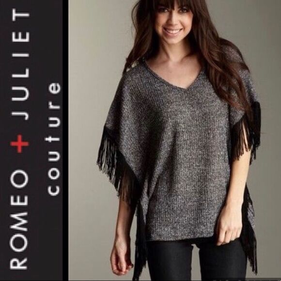 ROMEO AND JULIET COUTURE X GOSSIP GIRL Grey and black fringe poncho sweater - Picture 1 of 11